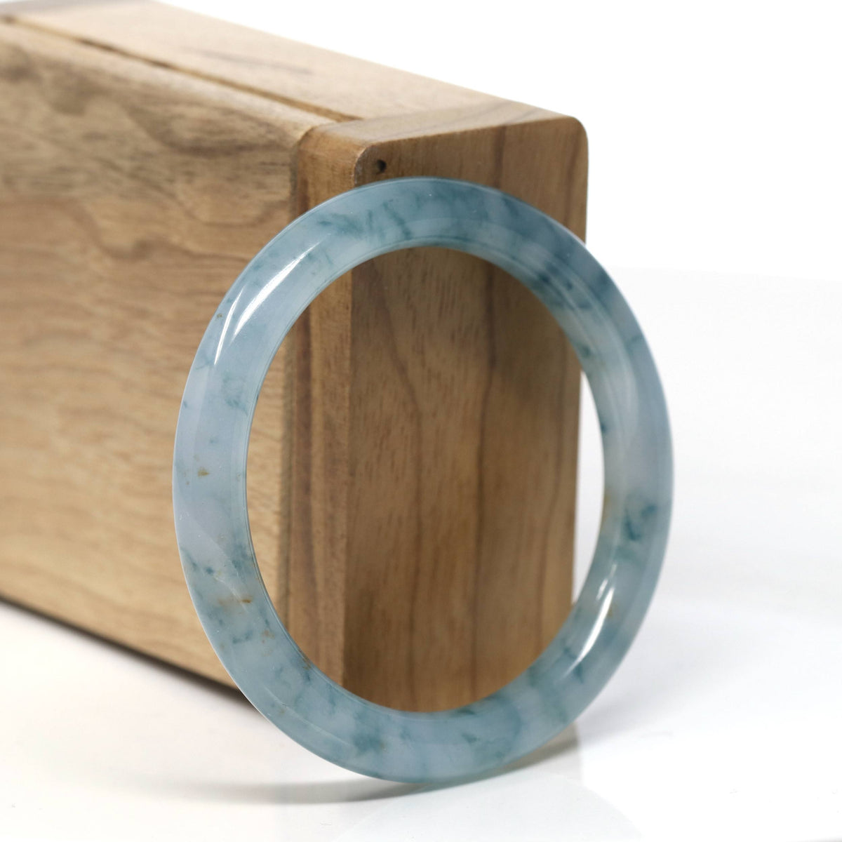 Icy Blue Flower Natural Jadeite Jade Traditional Round Bangle (51mm) #T923
