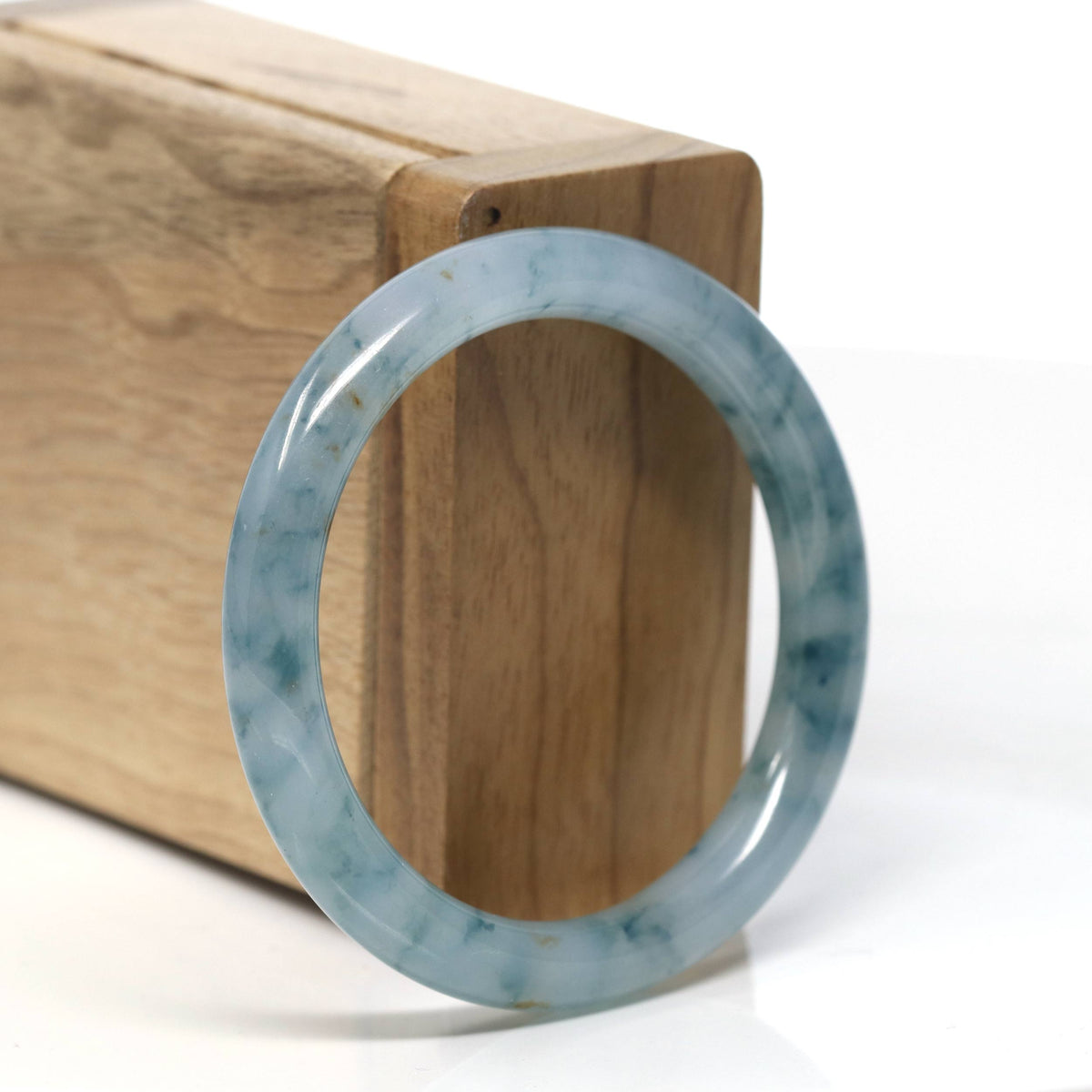 Icy Blue Flower Natural Jadeite Jade Traditional Round Bangle (51mm) #T923