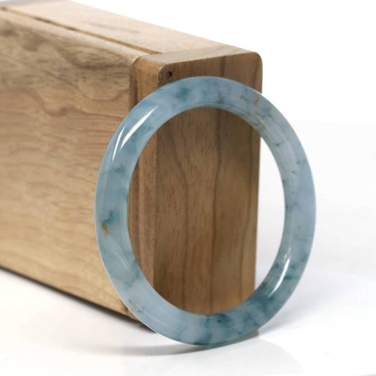 Icy Blue Flower Natural Jadeite Jade Traditional Round Bangle (51mm) #T923