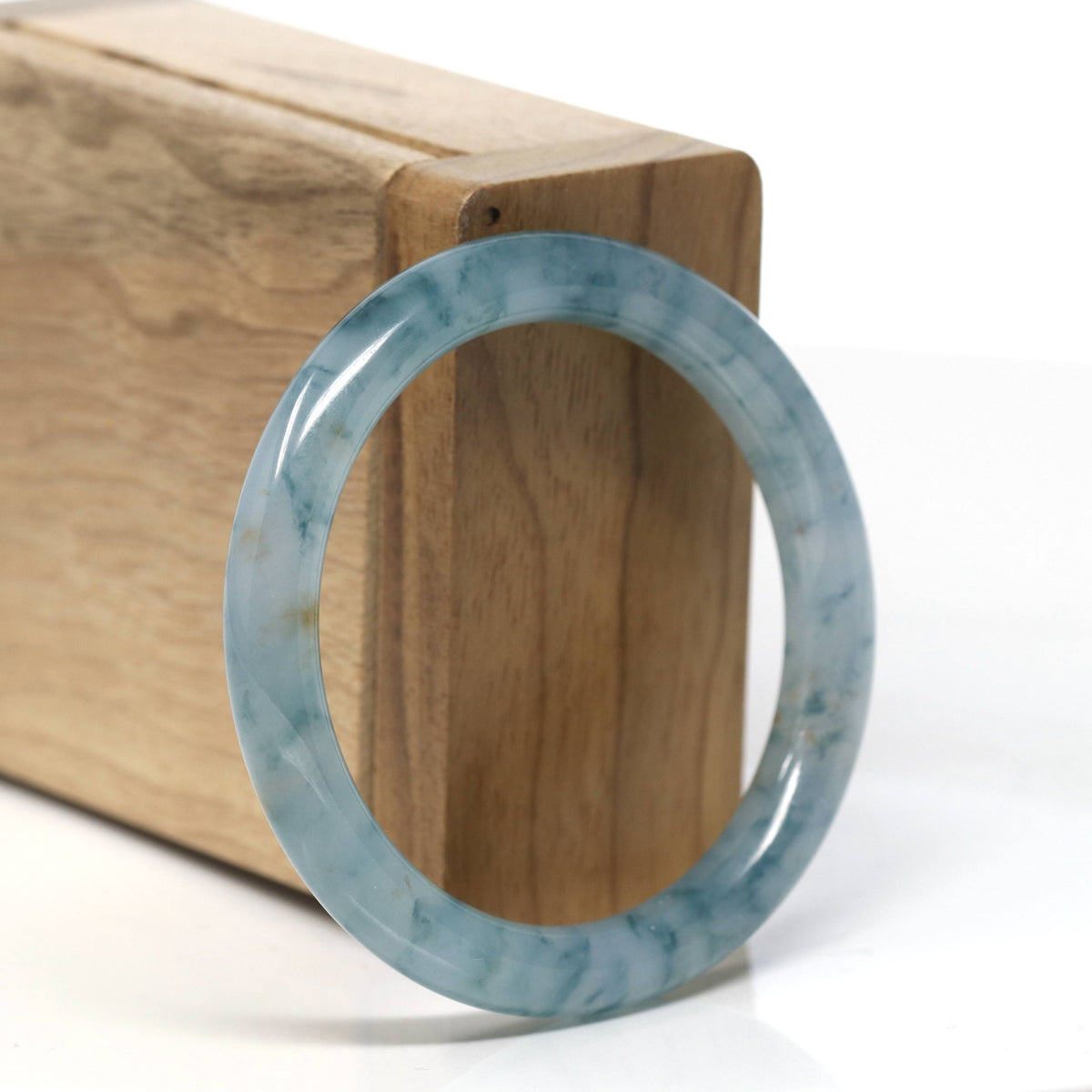 Icy Blue Flower Natural Jadeite Jade Traditional Round Bangle (51mm) #T923