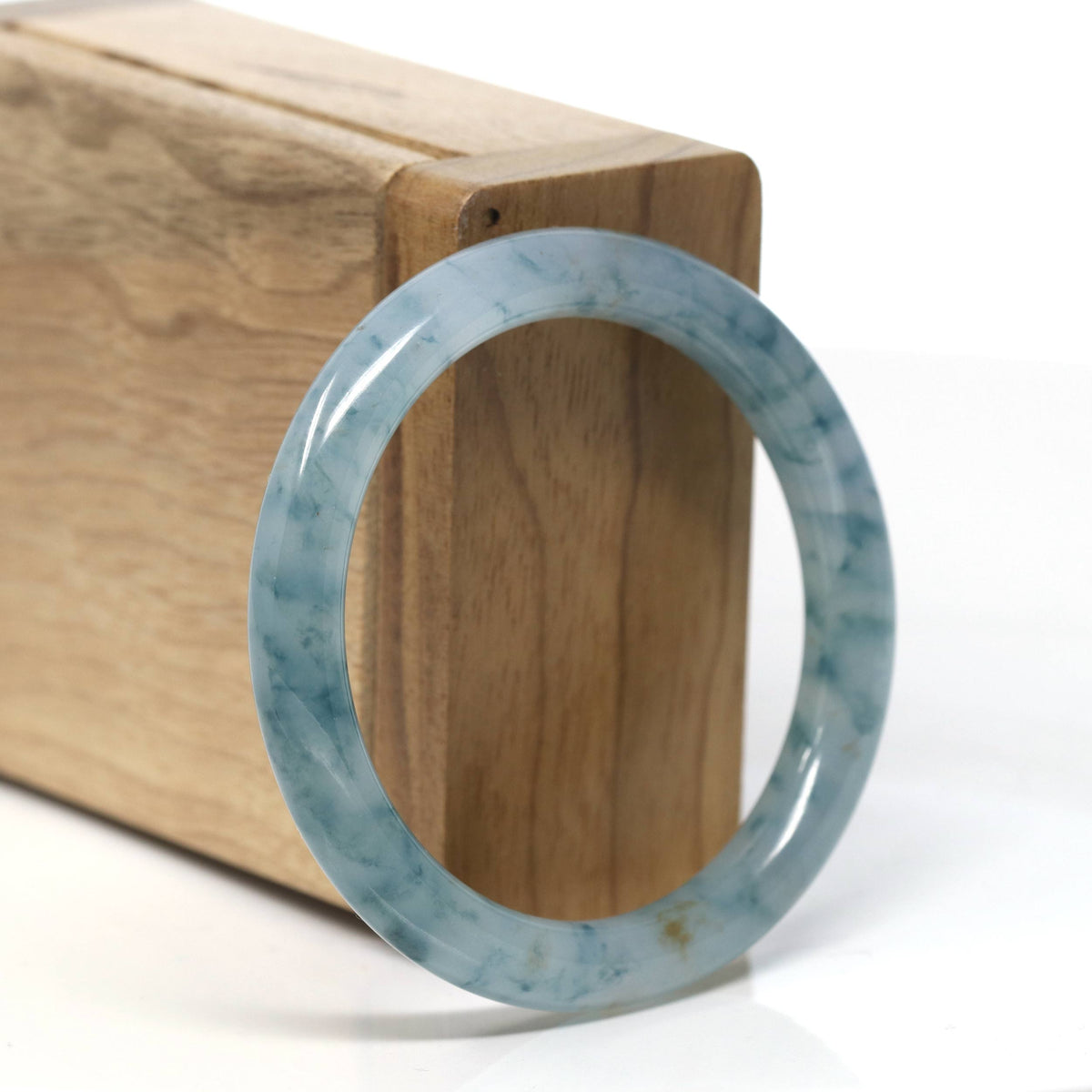 Icy Blue Flower Natural Jadeite Jade Traditional Round Bangle (51mm) #T923