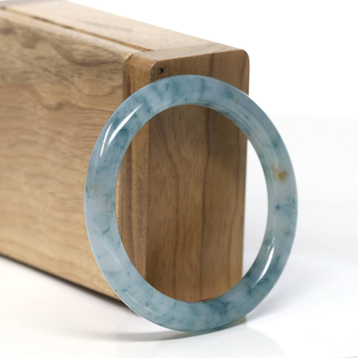 Icy Blue Flower Natural Jadeite Jade Traditional Round Bangle (51mm) #T923