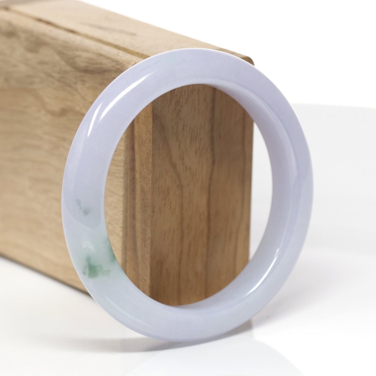 High-End Natural Icy Lavender W/ Blue-Green Flower Patch Jadeite Jade "Half Round" Bangle Bracelet (57mm) #TT746