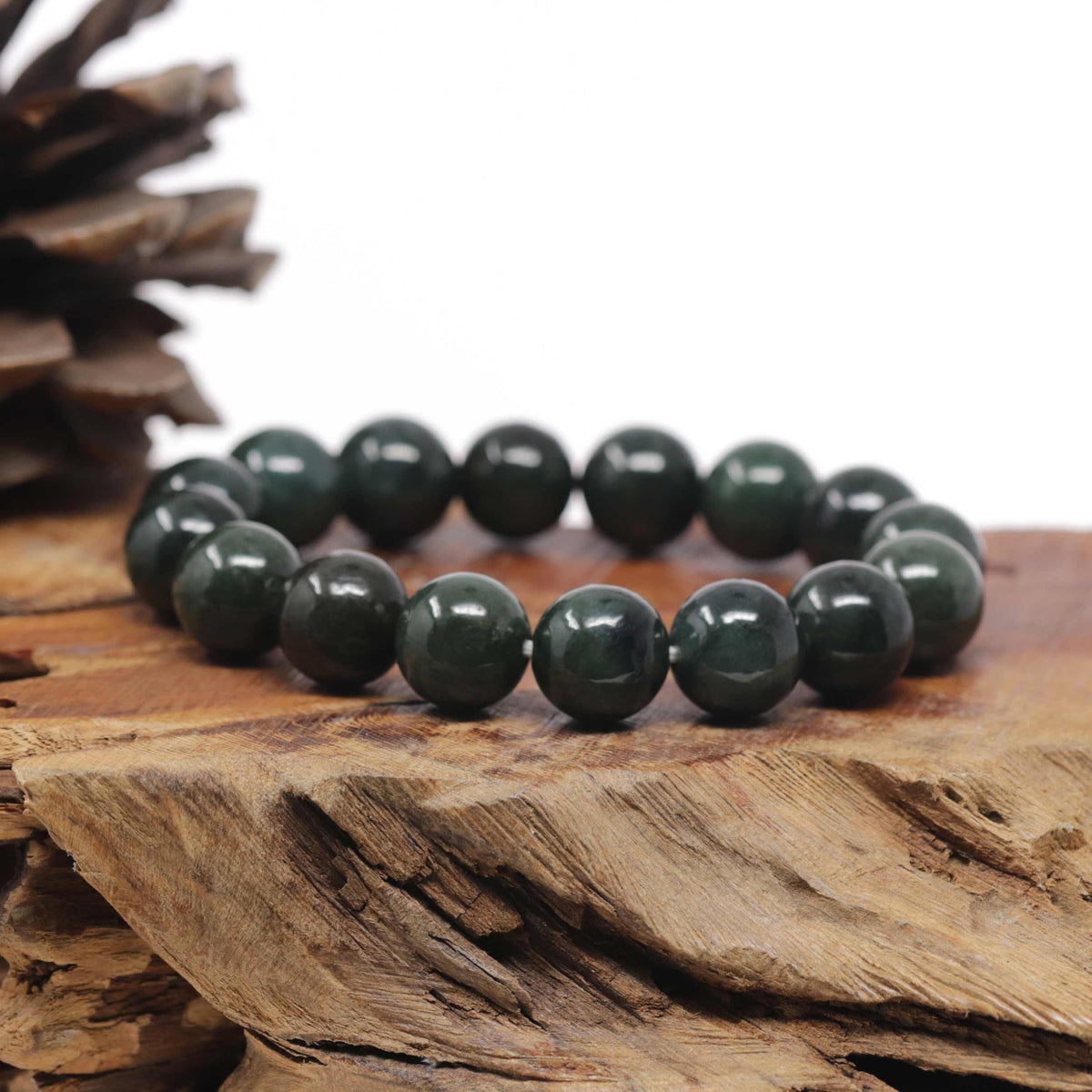 Oil-Green Genuine Jadeite Jade Large Round Bead Bracelet (12.5mm)
