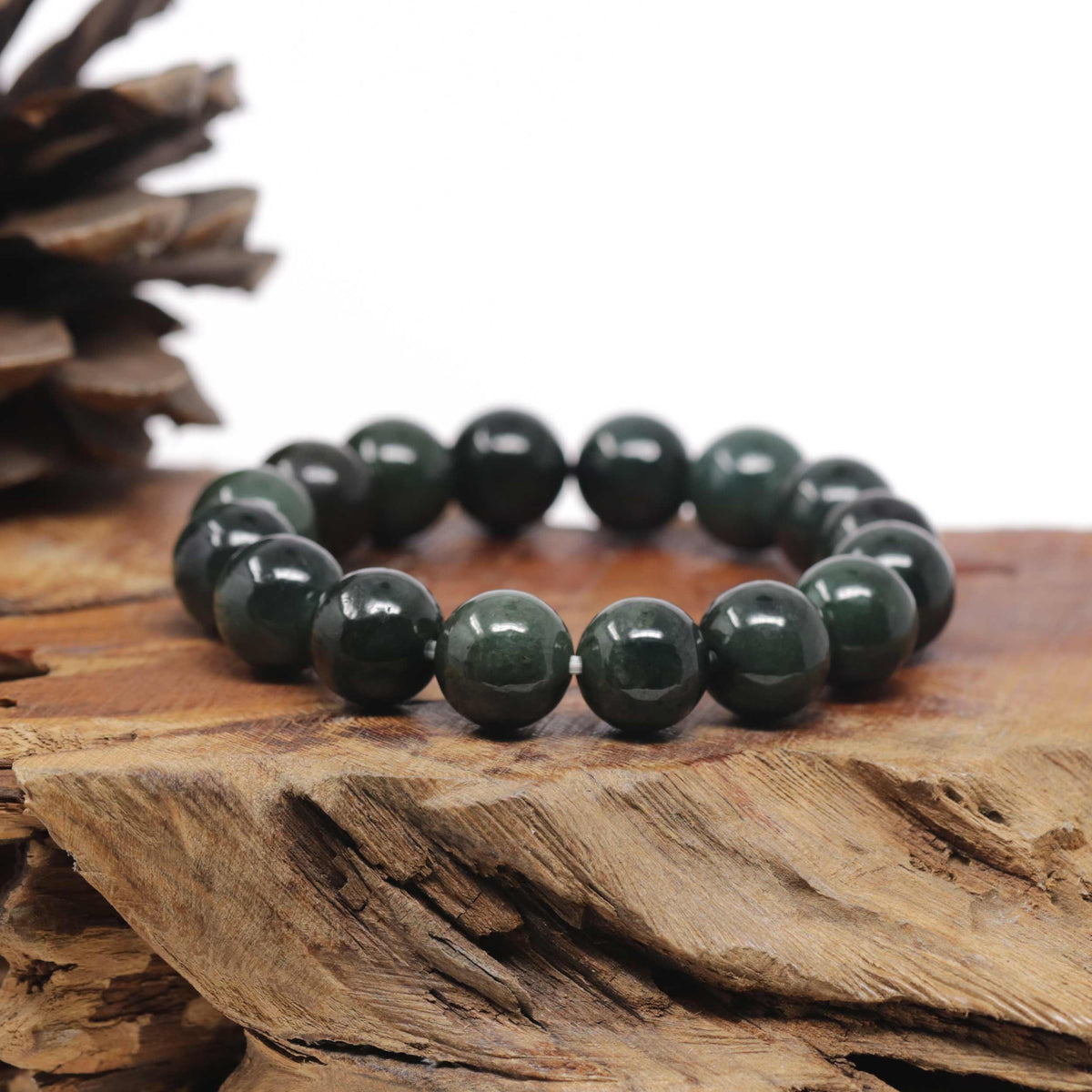 Oil-Green Genuine Jadeite Jade Large Round Bead Bracelet (12.5mm)