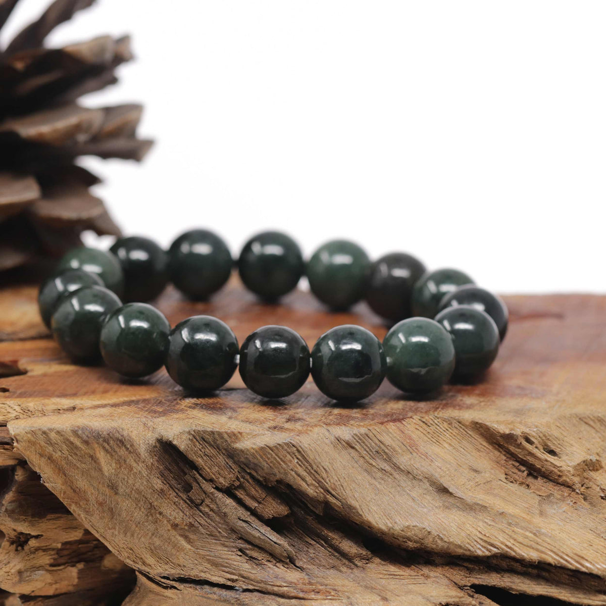 Oil-Green Genuine Jadeite Jade Large Round Bead Bracelet (12.5mm)
