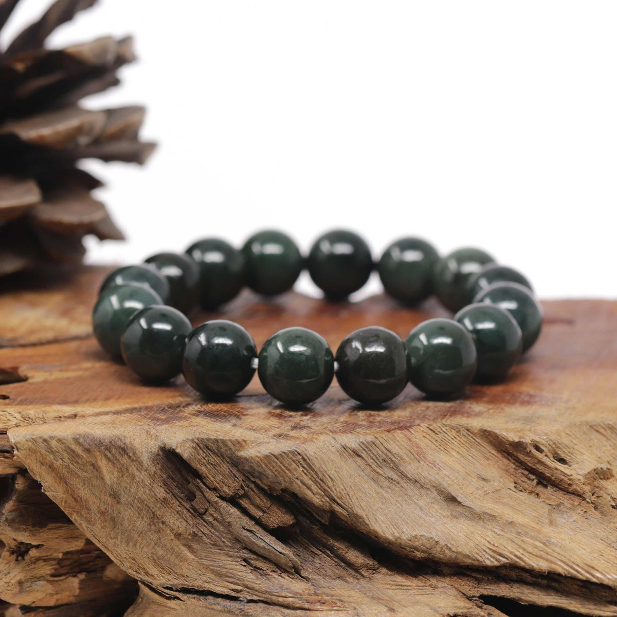 Oil-Green Genuine Jadeite Jade Large Round Bead Bracelet (12.5mm)