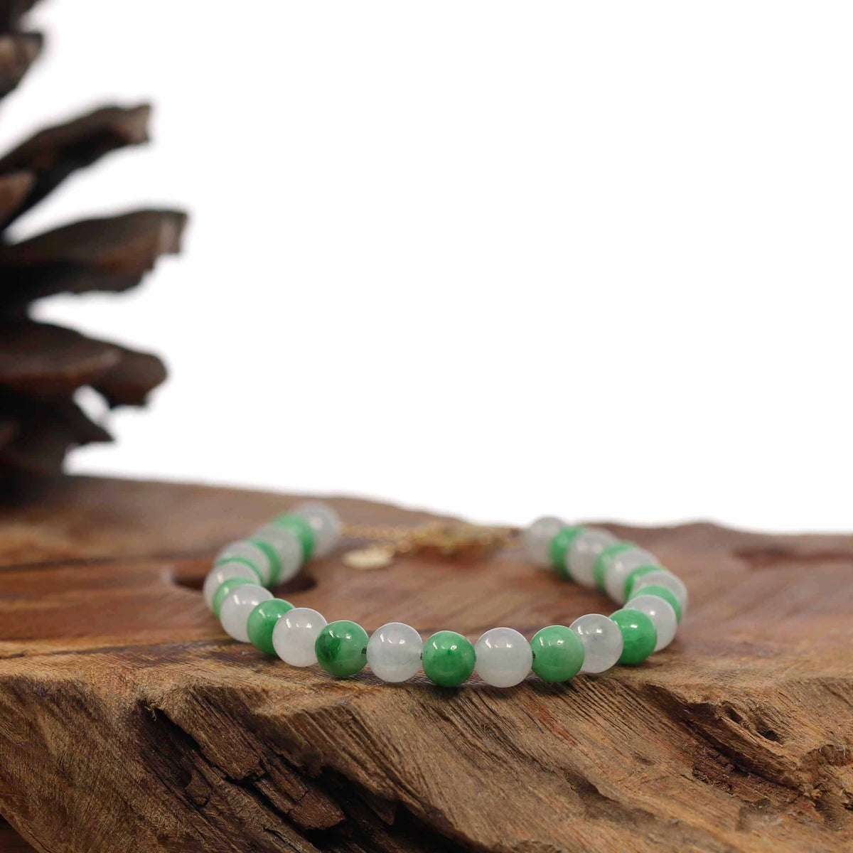 High-End Natural Green & Icy Jadeite Jade Beads Bracelet W/ 18K Yellow Gold Clasp (6mm)