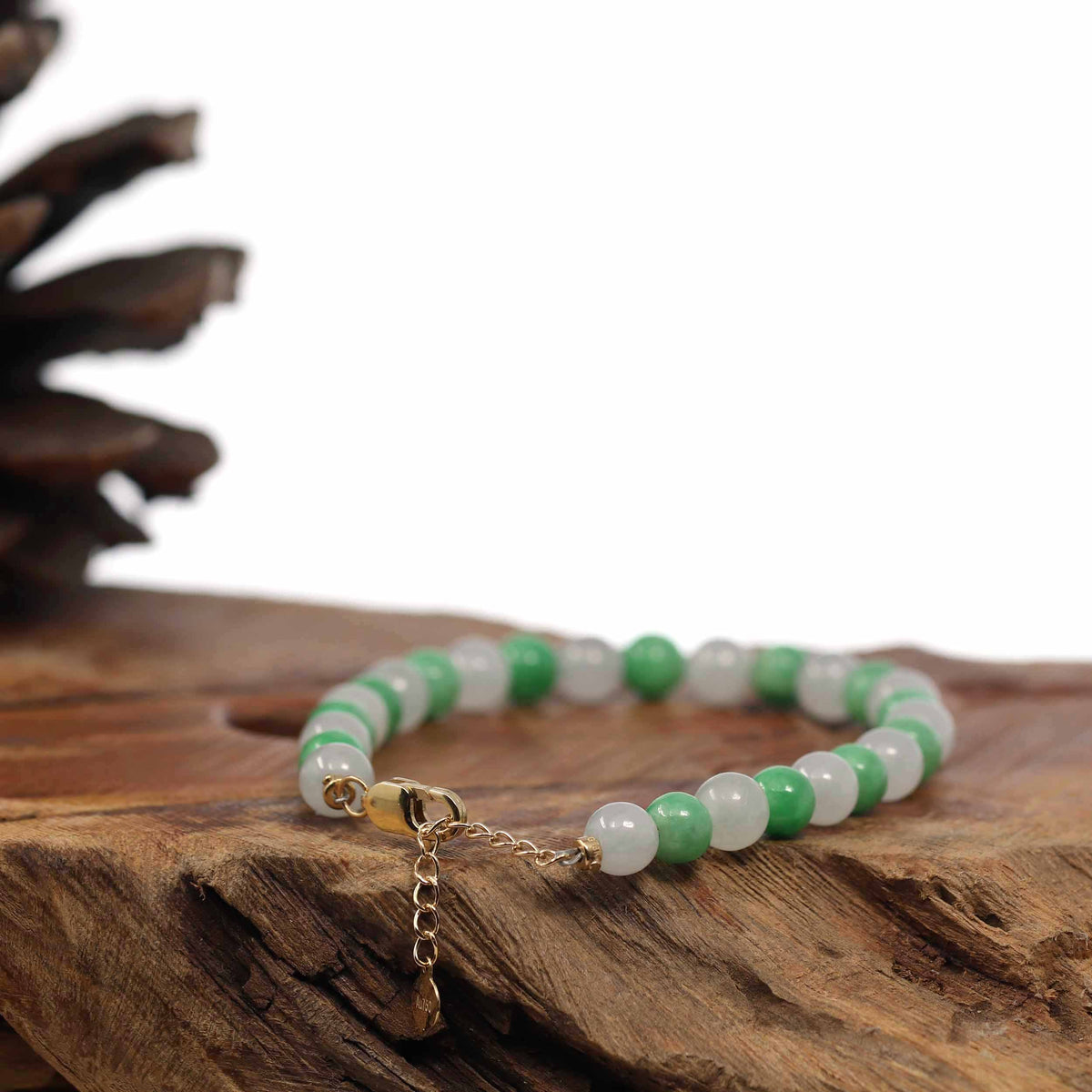 High-End Natural Green & Icy Jadeite Jade Beads Bracelet W/ 18K Yellow Gold Clasp (6mm)