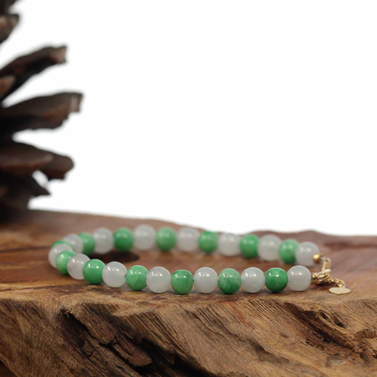 High-End Natural Green & Icy Jadeite Jade Beads Bracelet W/ 18K Yellow Gold Clasp (6mm)