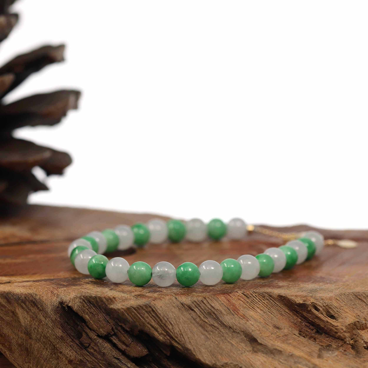 High-End Natural Green & Icy Jadeite Jade Beads Bracelet W/ 18K Yellow Gold Clasp (6mm)