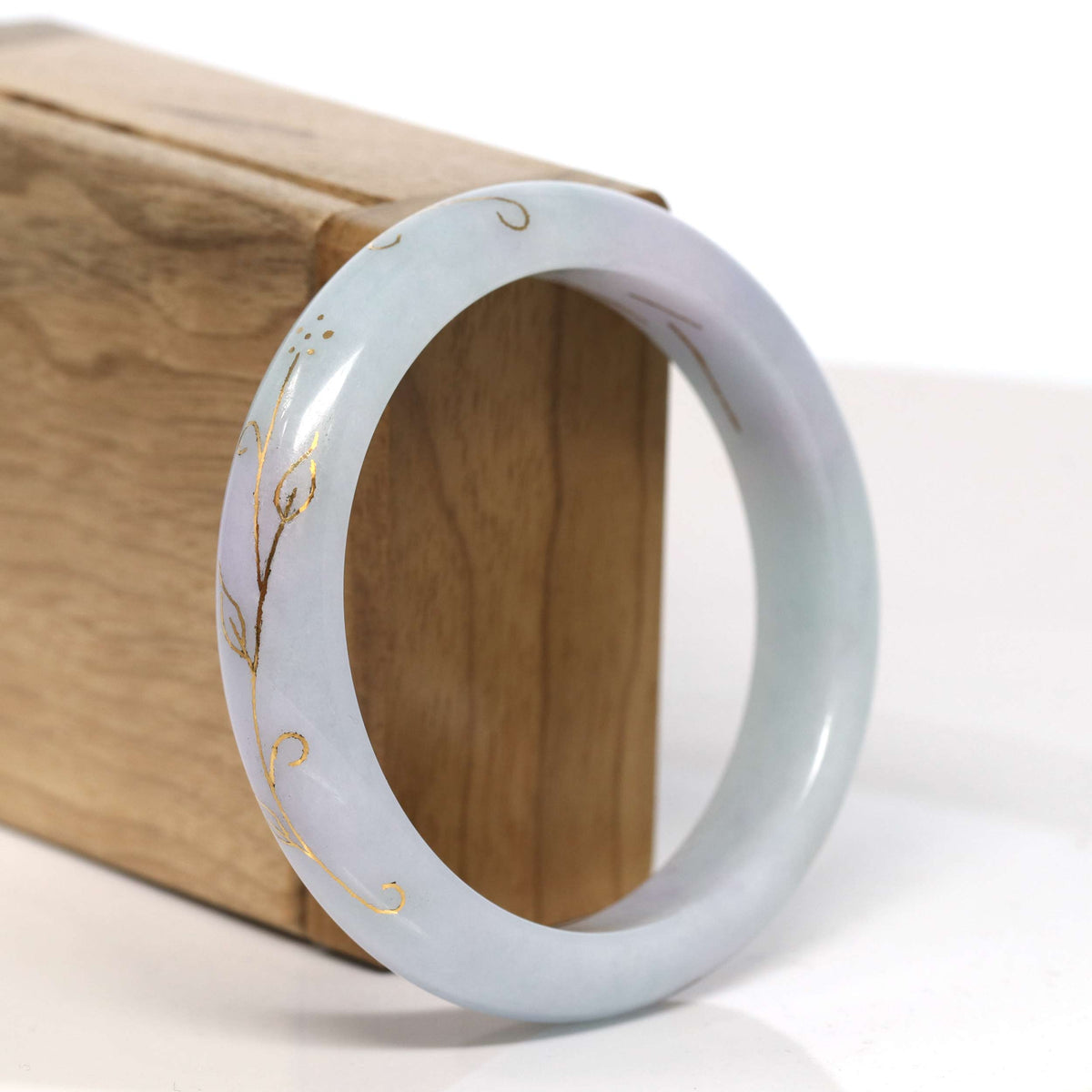 "Half Round" 18k Inlay Lavender & Green Jadeite Jade Bangle Bracelet (57.47 mm) #T319