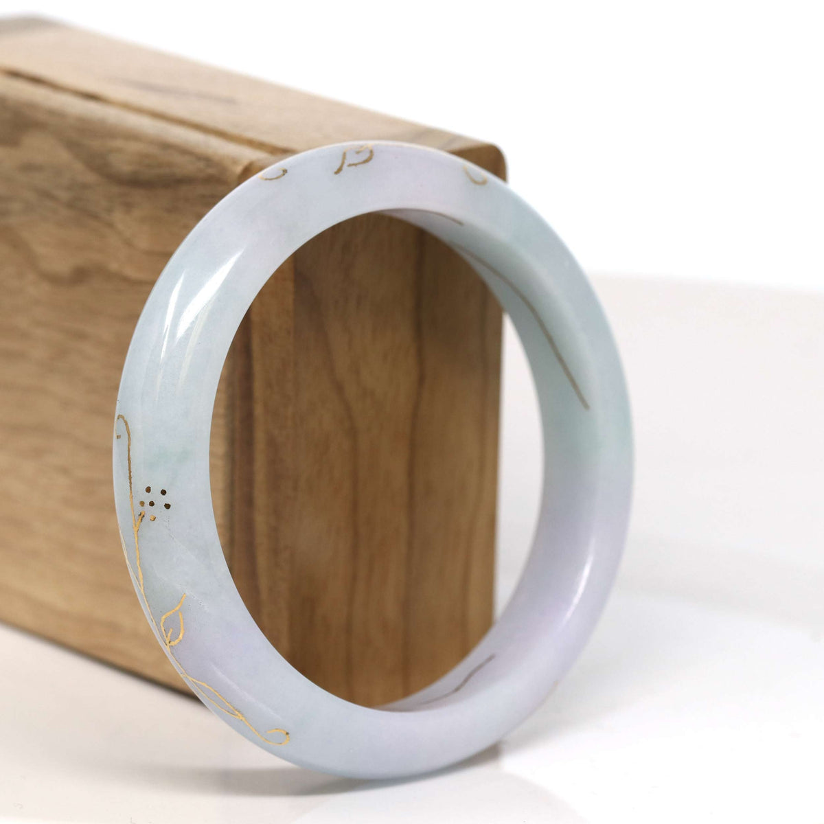 "Half Round" 18k Inlay Lavender & Green Jadeite Jade Bangle Bracelet (57.47 mm) #T319