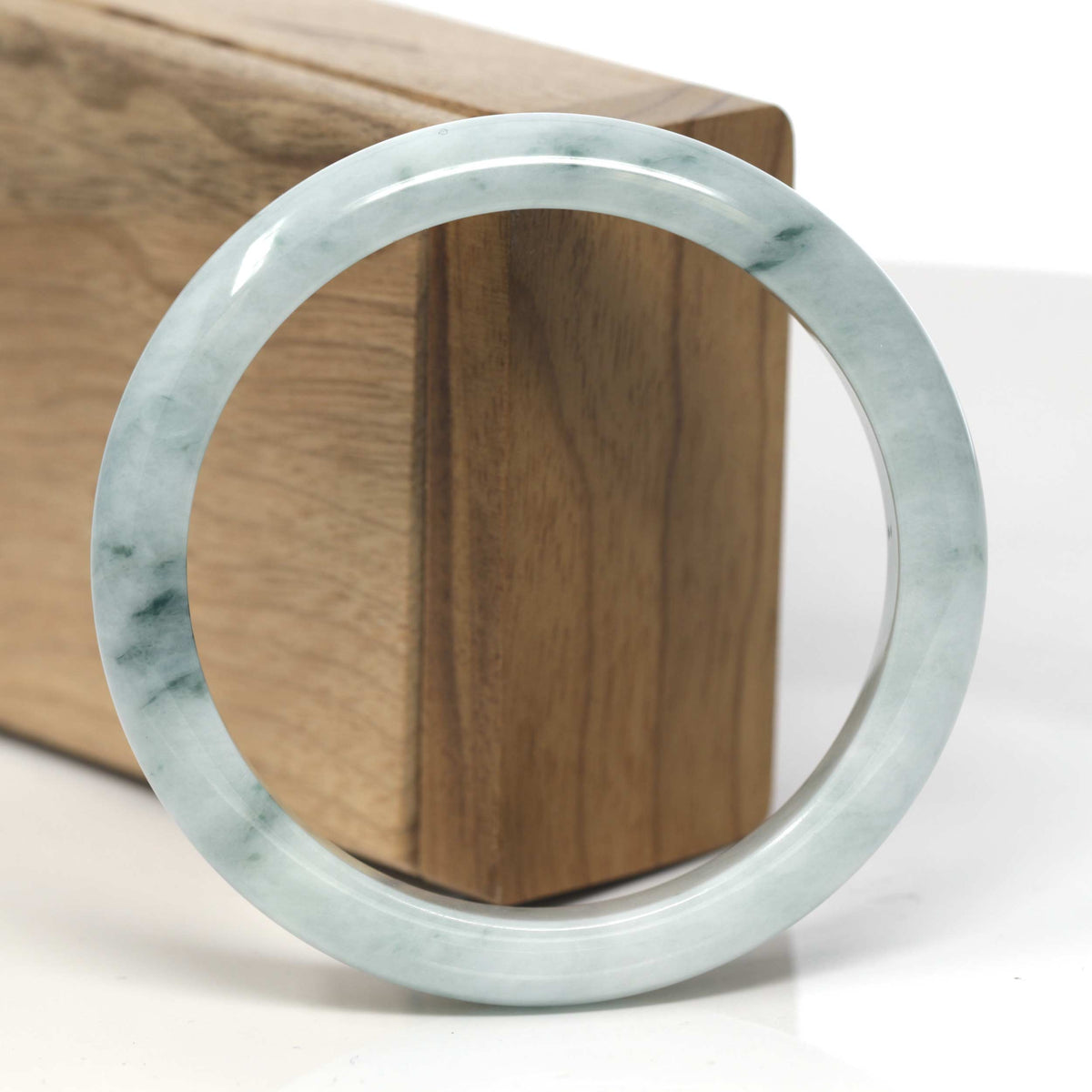 White-Green W/ Blue-Green Flowers Jadeite Jade "Half Round" Bangle Bracelet (59.2mm) #TT108