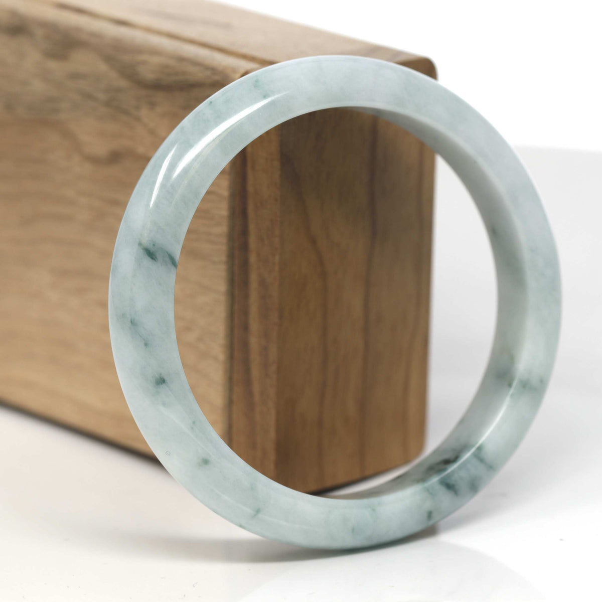 White-Green W/ Blue-Green Flowers Jadeite Jade "Half Round" Bangle Bracelet (59.2mm) #TT108