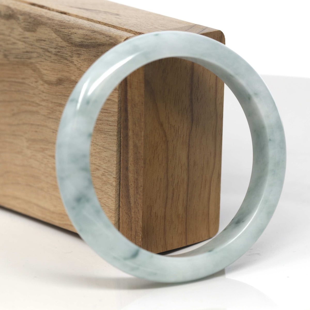 White-Green W/ Blue-Green Flowers Jadeite Jade "Half Round" Bangle Bracelet (59.2mm) #TT108