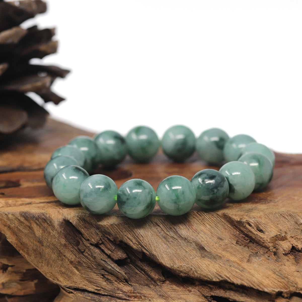 Blue-Green Flower Genuine Jadeite Jade Large Round Bead Bracelet (13mm)