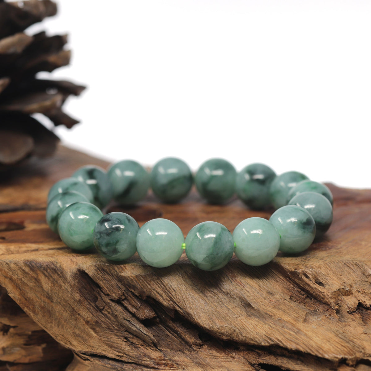 Blue-Green Flower Genuine Jadeite Jade Large Round Bead Bracelet (13mm)