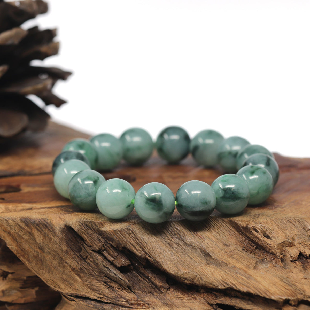 Blue-Green Flower Genuine Jadeite Jade Large Round Bead Bracelet (13mm)