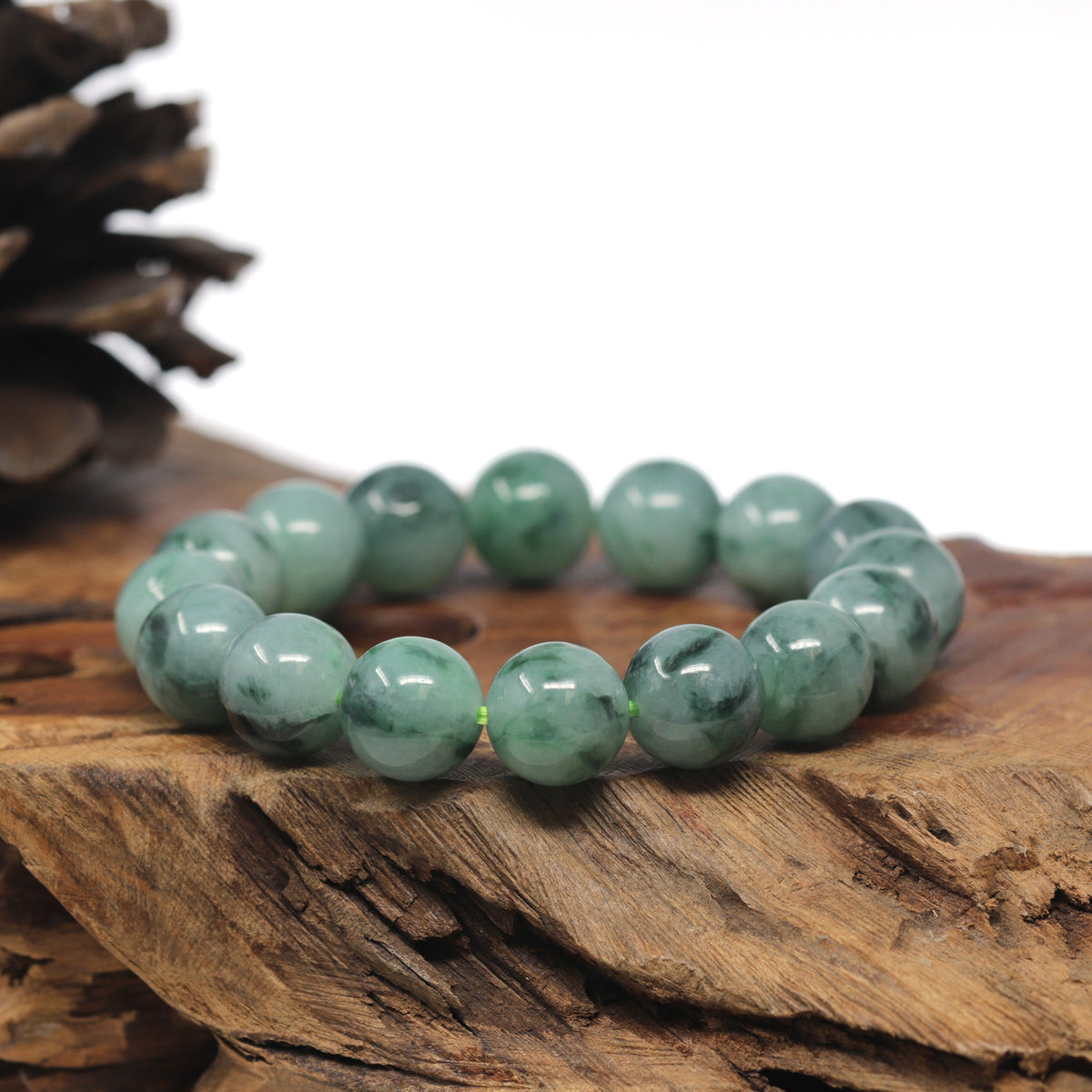 Blue-Green Flower Genuine Jadeite Jade Large Round Bead Bracelet (13mm)
