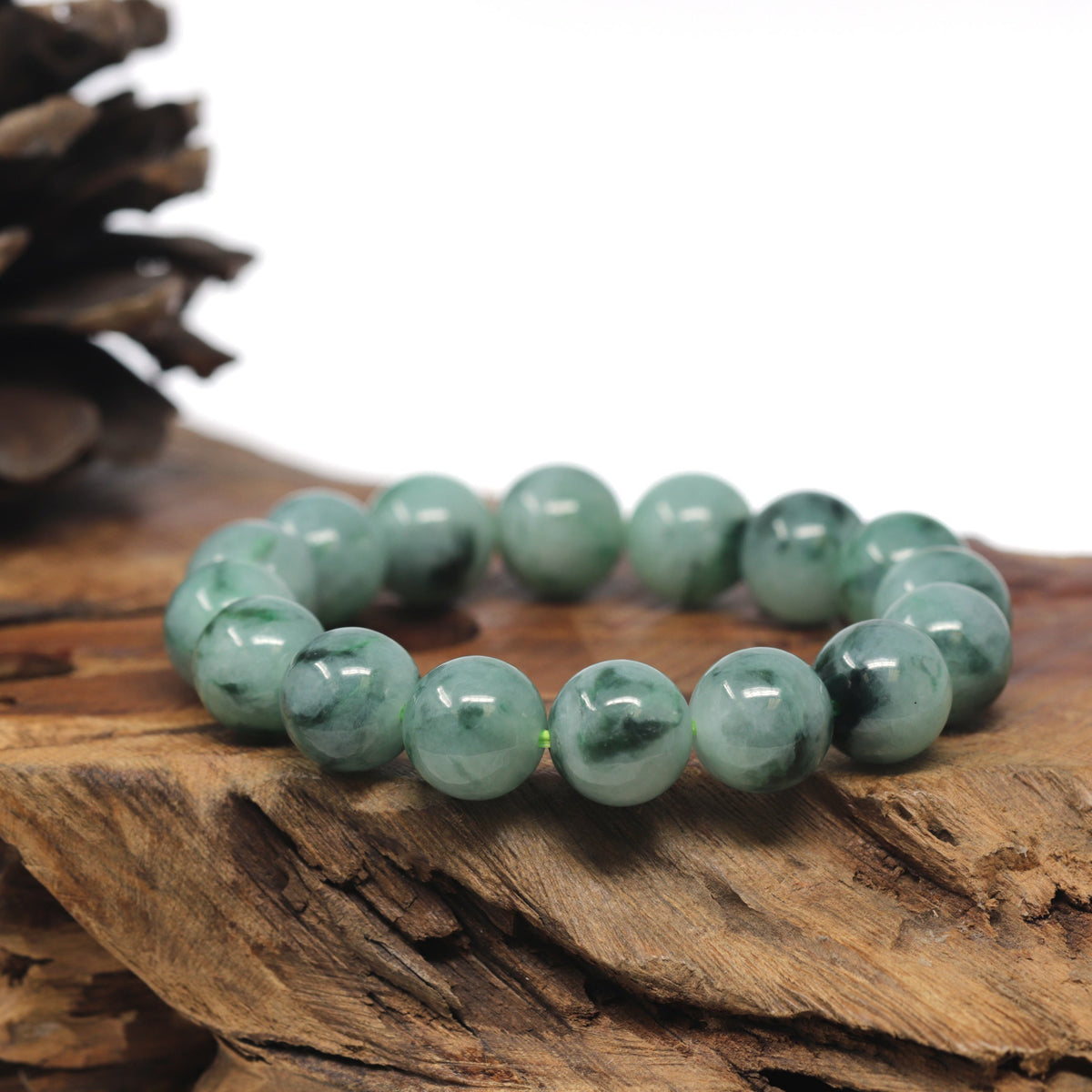 Blue-Green Flower Genuine Jadeite Jade Large Round Bead Bracelet (13mm)