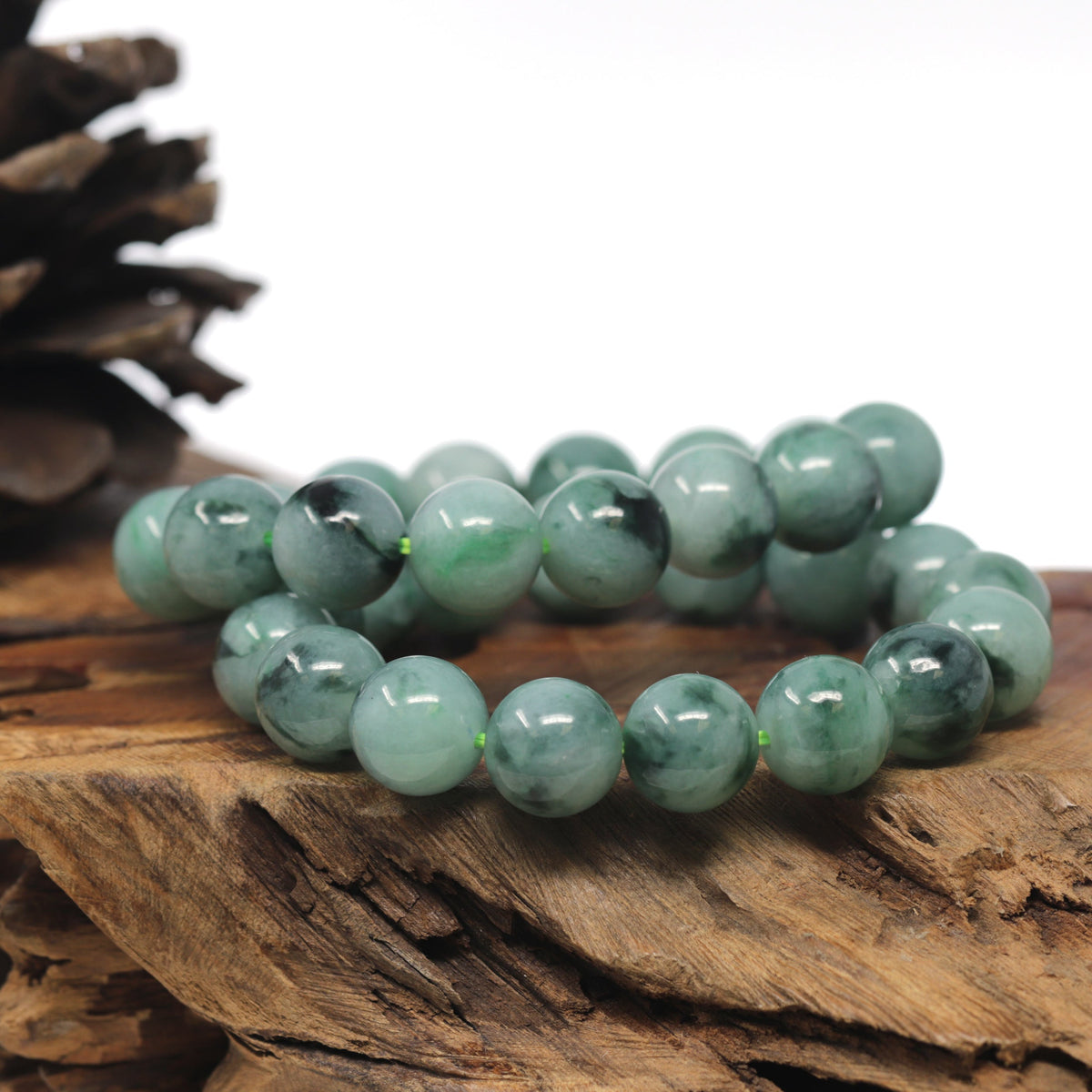 Blue-Green Flower Genuine Jadeite Jade Large Round Bead Bracelet (13mm)