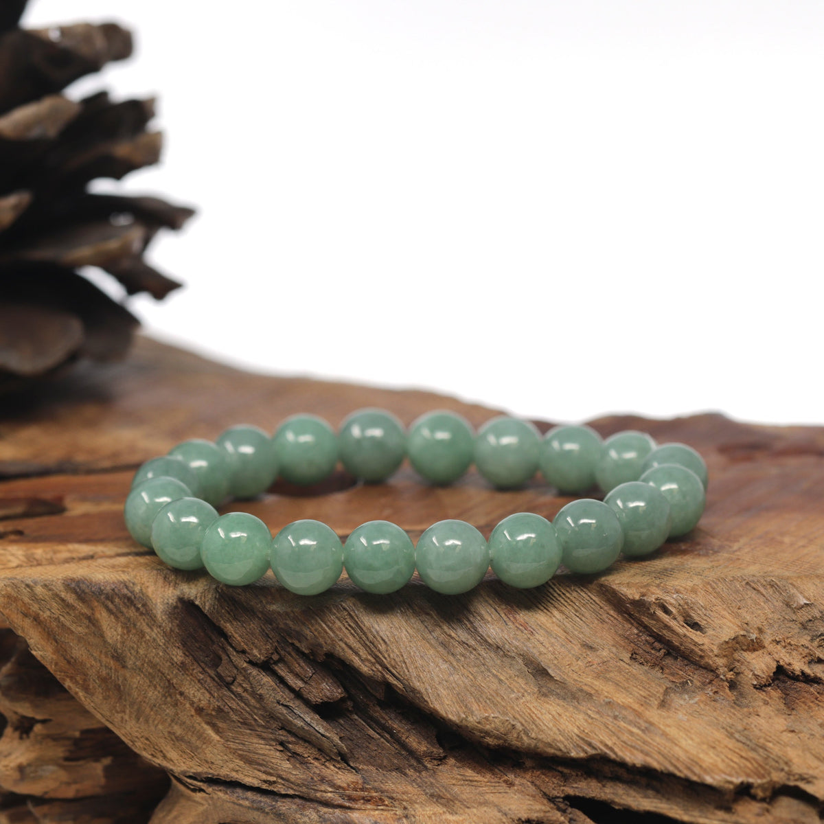 Natural Green Genuine Jadeite Jade Round Bead Bracelet (9mm)