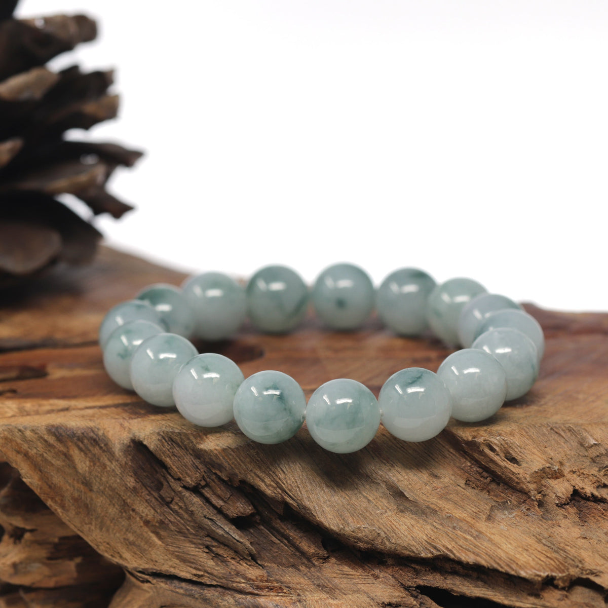 Light Blue-Green Flower Genuine Jadeite Jade Large Round Bead Bracelet (12.5mm)