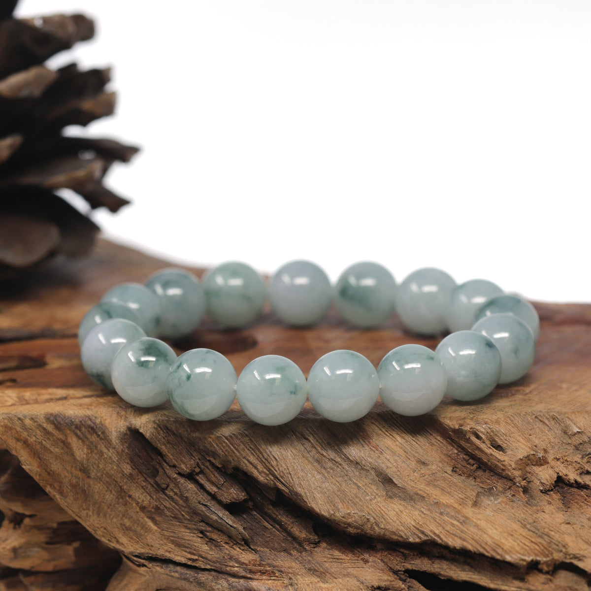 Light Blue-Green Flower Genuine Jadeite Jade Large Round Bead Bracelet (12.5mm)
