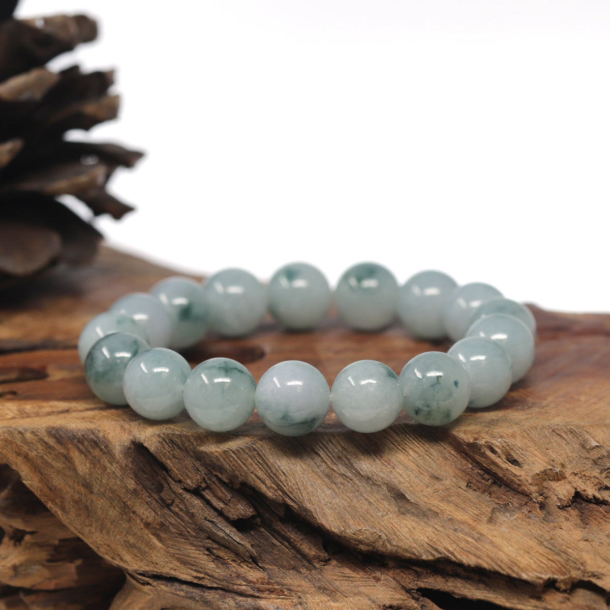 Light Blue-Green Flower Genuine Jadeite Jade Large Round Bead Bracelet (12.5mm)