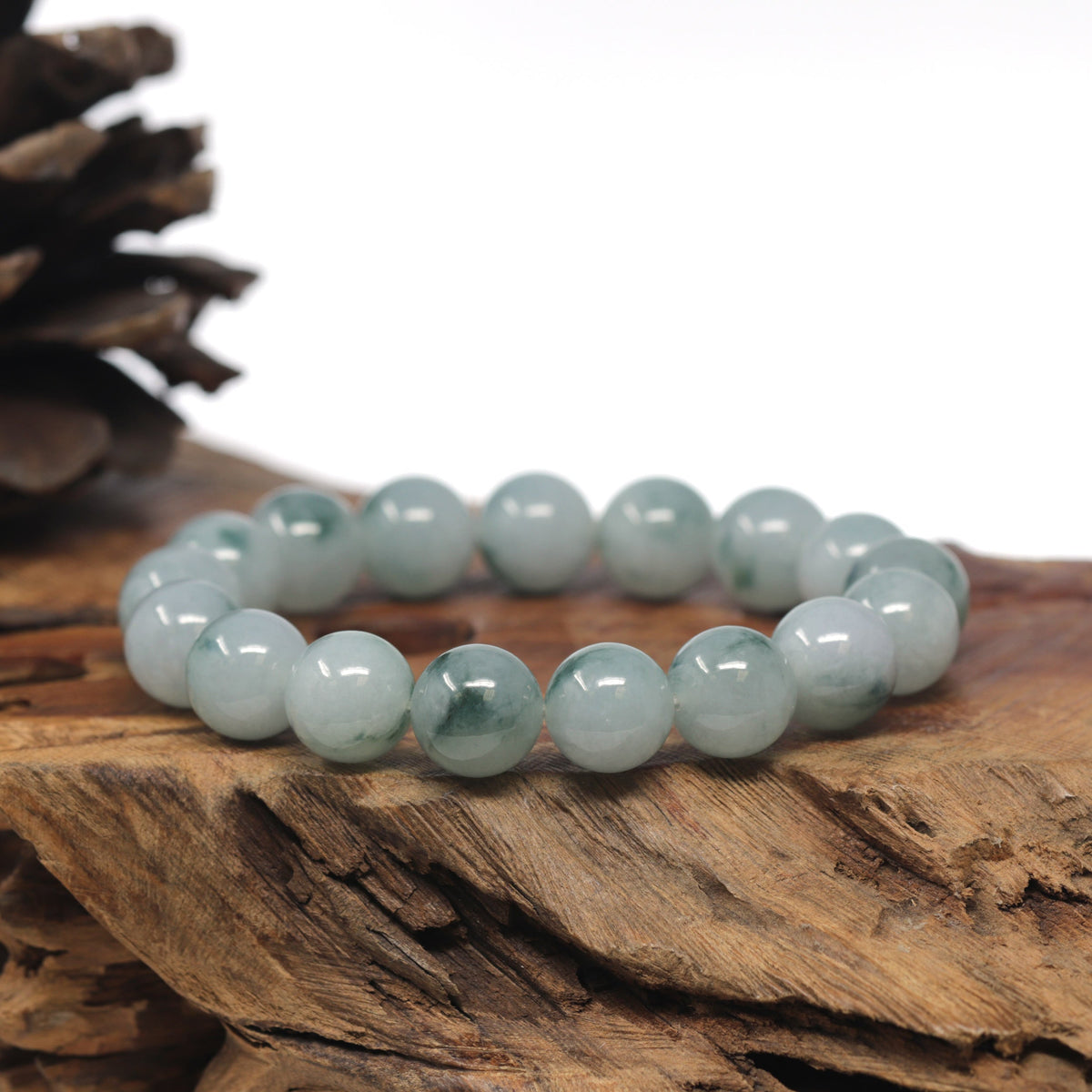 Light Blue-Green Flower Genuine Jadeite Jade Large Round Bead Bracelet (12.5mm)