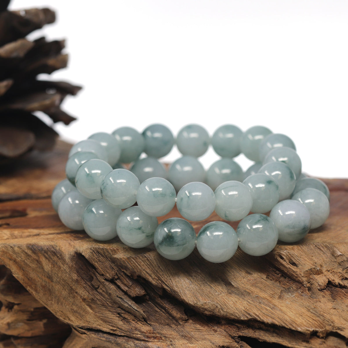 Light Blue-Green Flower Genuine Jadeite Jade Large Round Bead Bracelet (12.5mm)