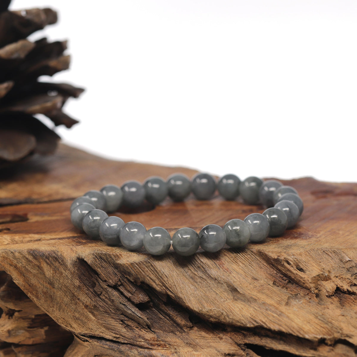 Black & Grey Wuji Genuine Jadeite Jade Round Bead Bracelet (8mm)