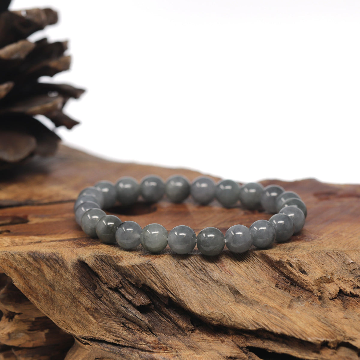 Black & Grey Wuji Genuine Jadeite Jade Round Bead Bracelet (8mm)