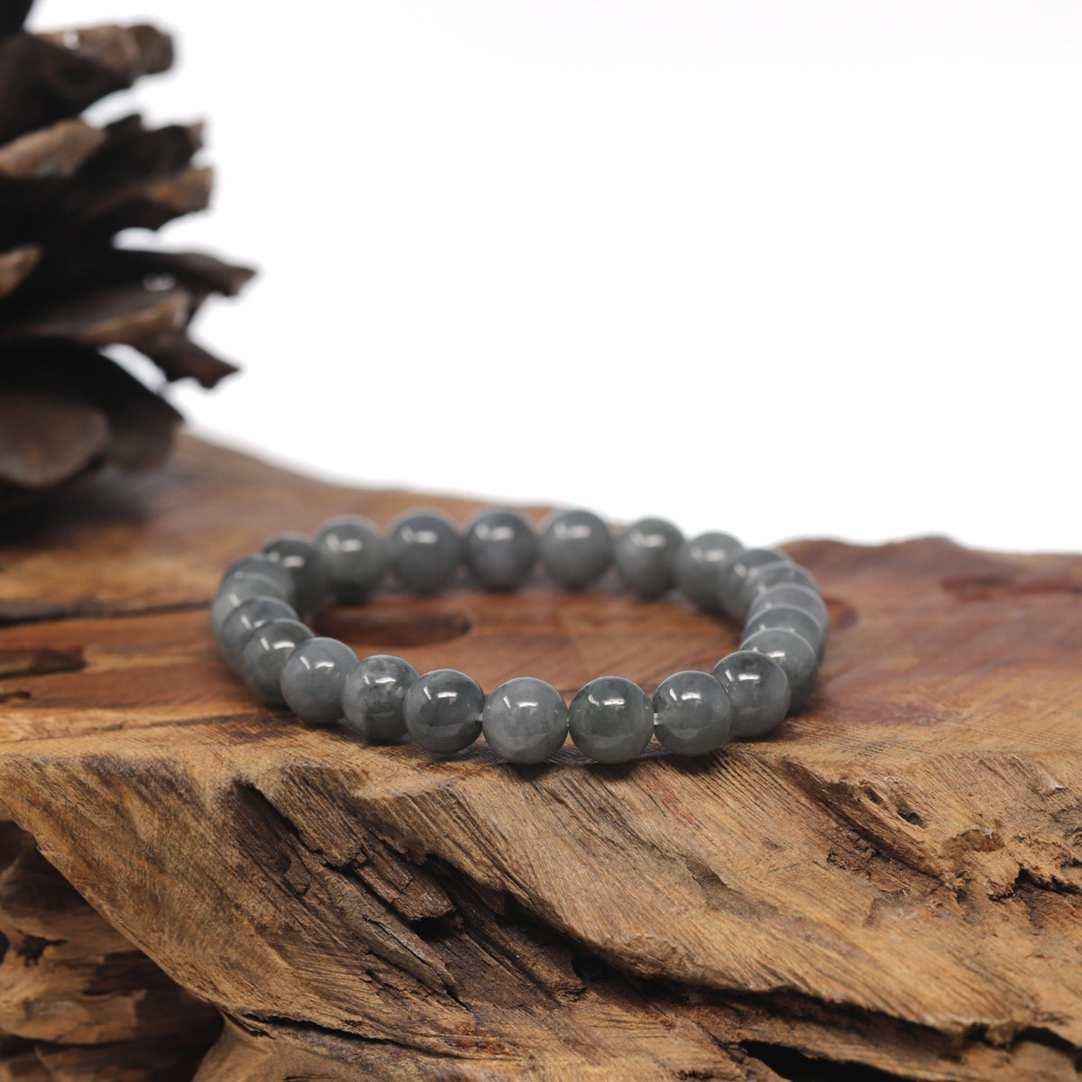 Black & Grey Wuji Genuine Jadeite Jade Round Bead Bracelet (8mm)