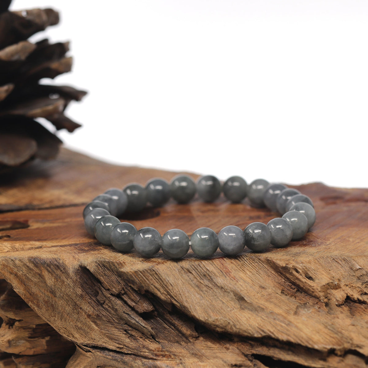 Black & Grey Wuji Genuine Jadeite Jade Round Bead Bracelet (8mm)