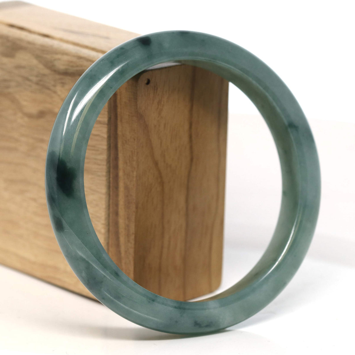 "Half Round" Blue-Green Jadeite Jade Bangle Bracelet (63.45 mm) #T398
