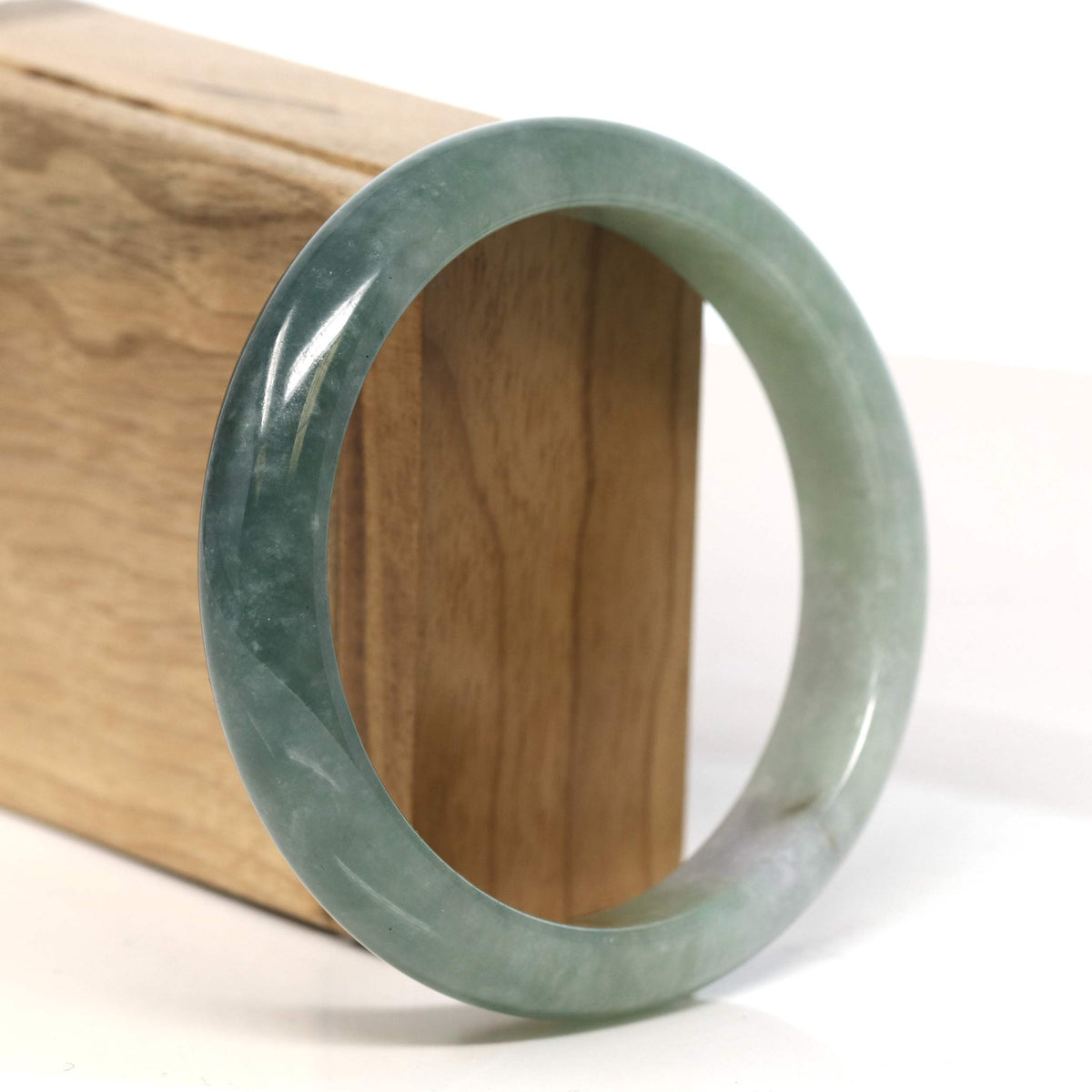 "Half Round"  Light Green Jadeite Jade Bangle Bracelet (60.9 mm) #T418