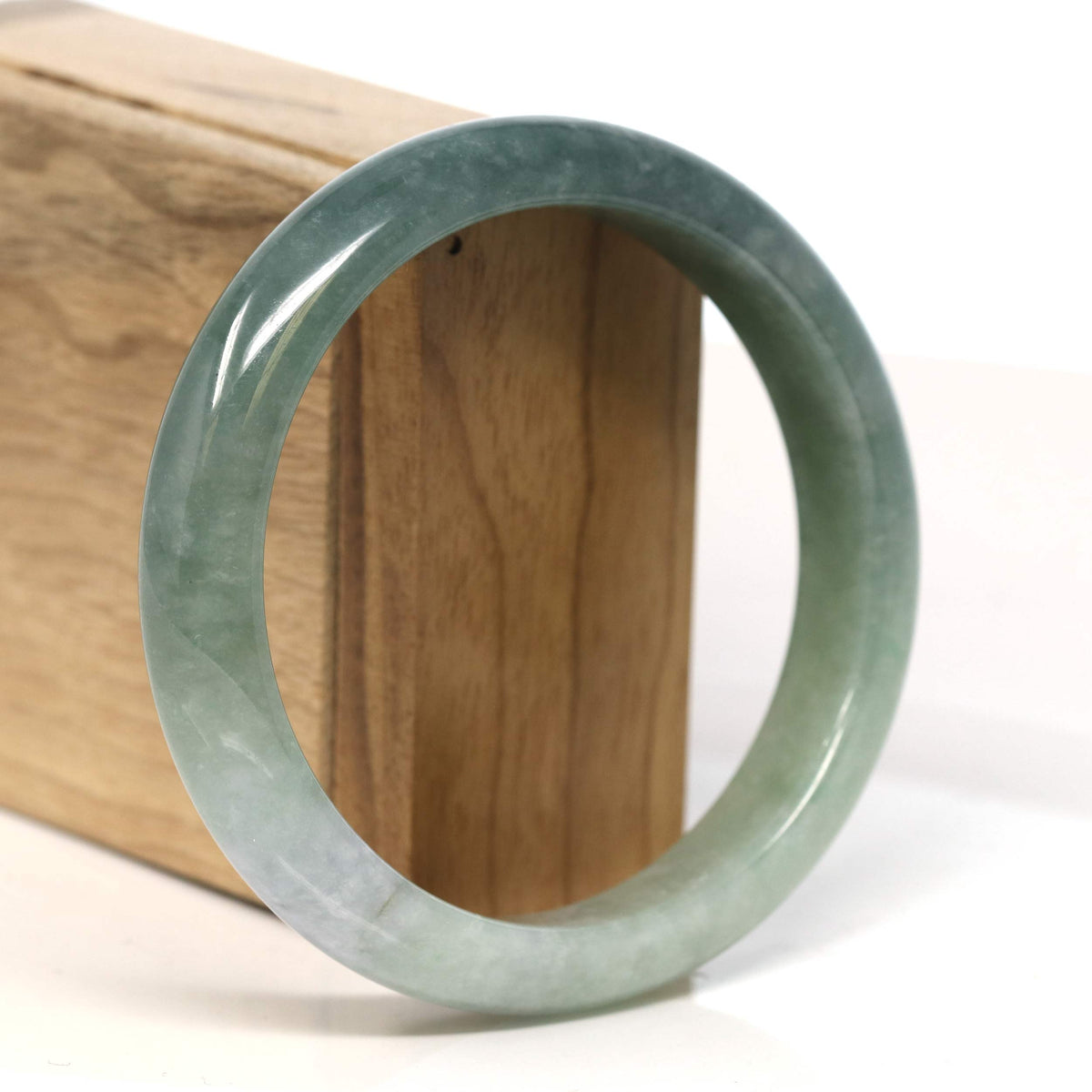 "Half Round"  Light Green Jadeite Jade Bangle Bracelet (60.9 mm) #T418