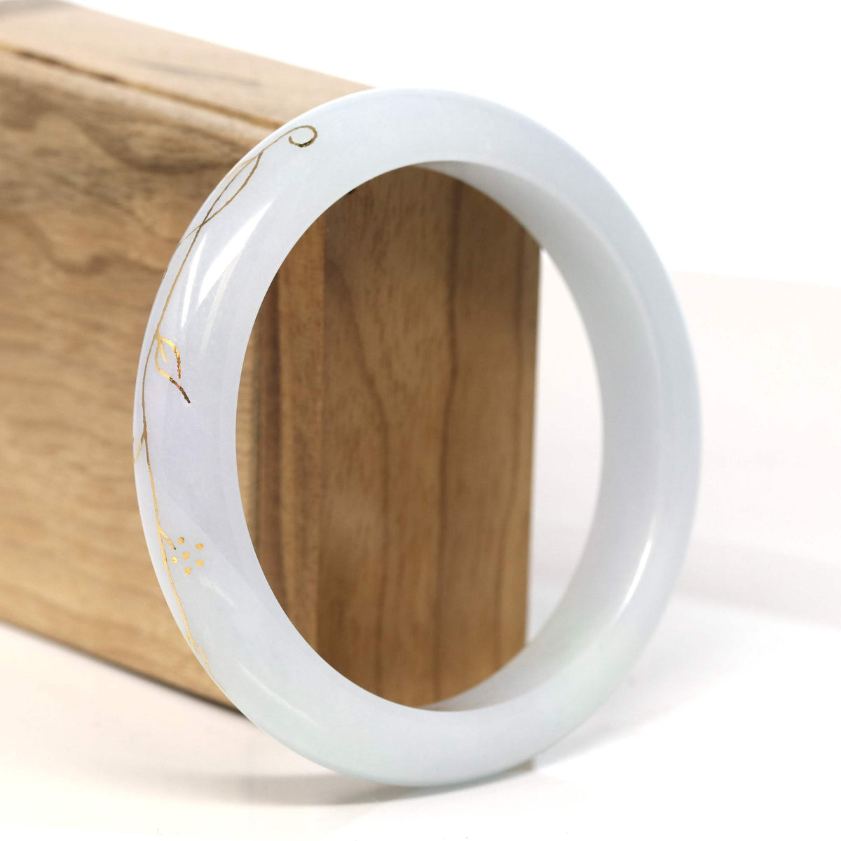 "Half Round" 18k Inlay Lavender & Green Jadeite Jade Bangle Bracelet (60.6 mm) #T459