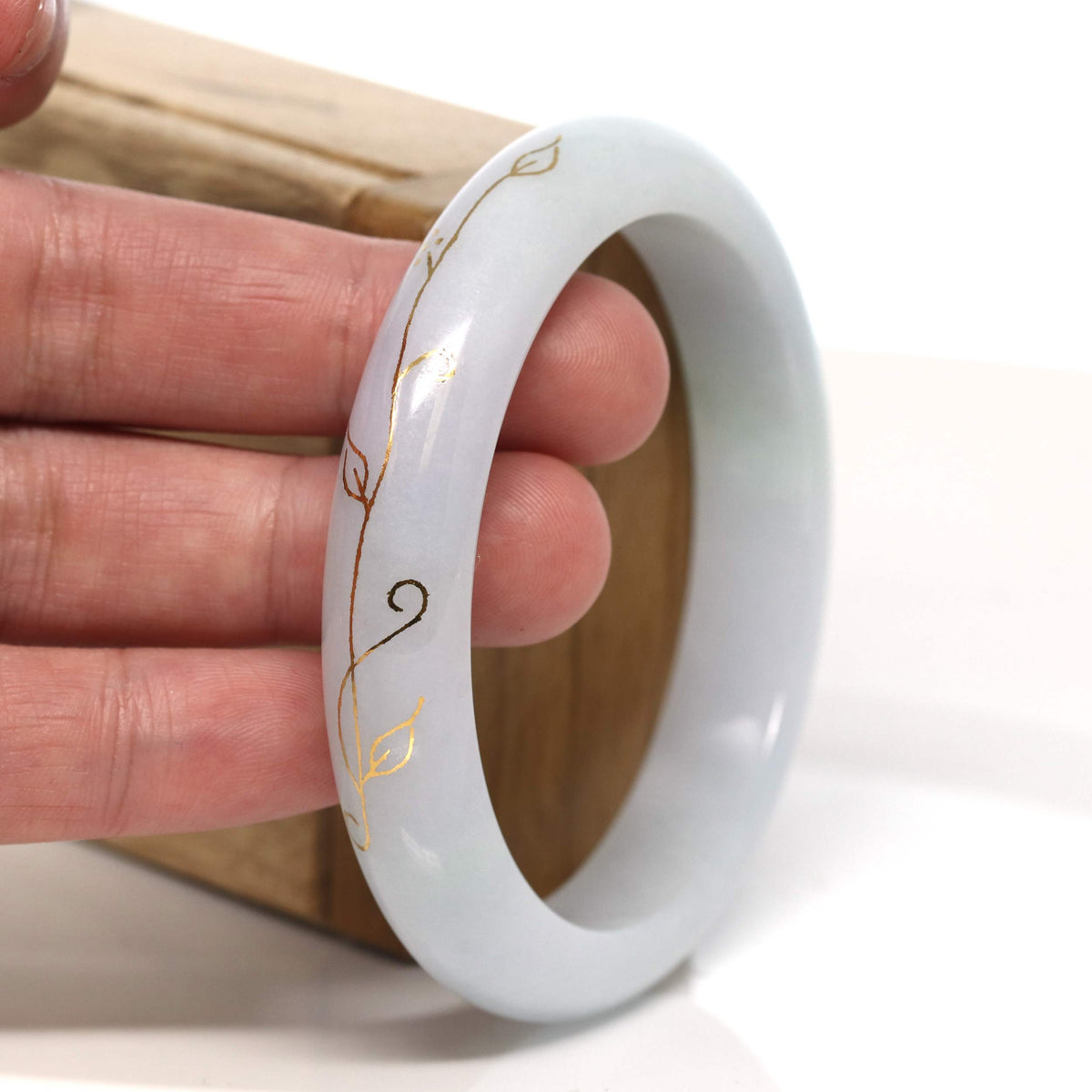 "Half Round" 18k Inlay Lavender & Green Jadeite Jade Bangle Bracelet (60.6 mm) #T459
