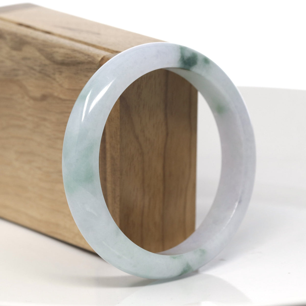 Light Green & Lavender W/ Green Flower Jadeite Jade "Half Round" Bangle Bracelet (59.4mm) #TT287
