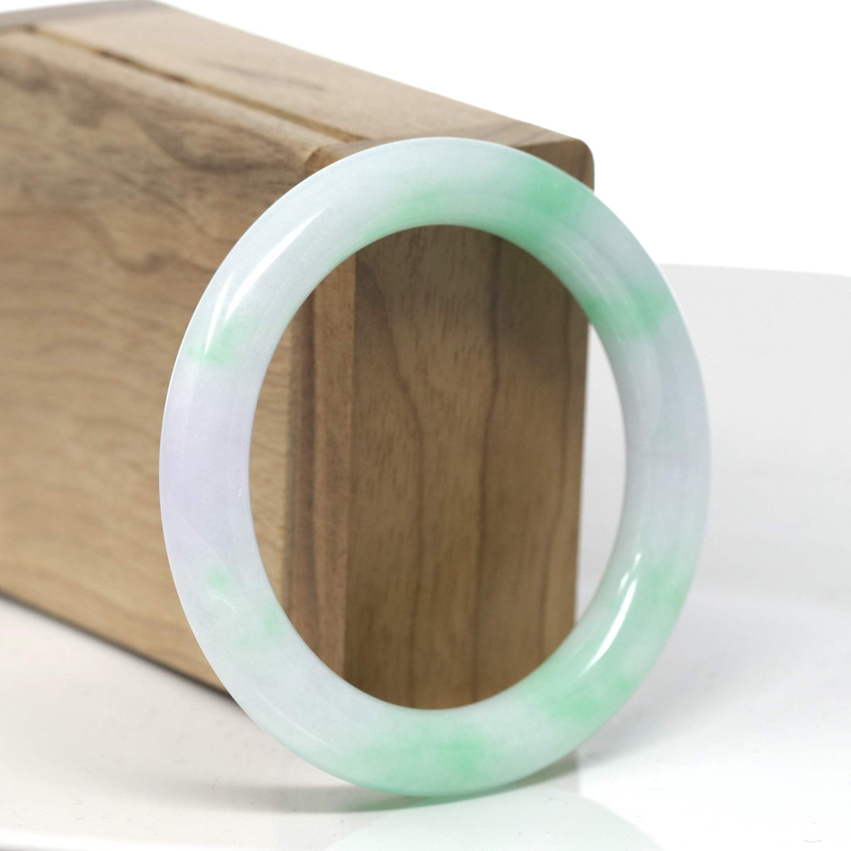 "Moss In Snow" Vibrant Green & White W/ Light Lavender Patch "Traditional Round" Jadeite Jade Bangle Bracelet (53.5mm) #TT344