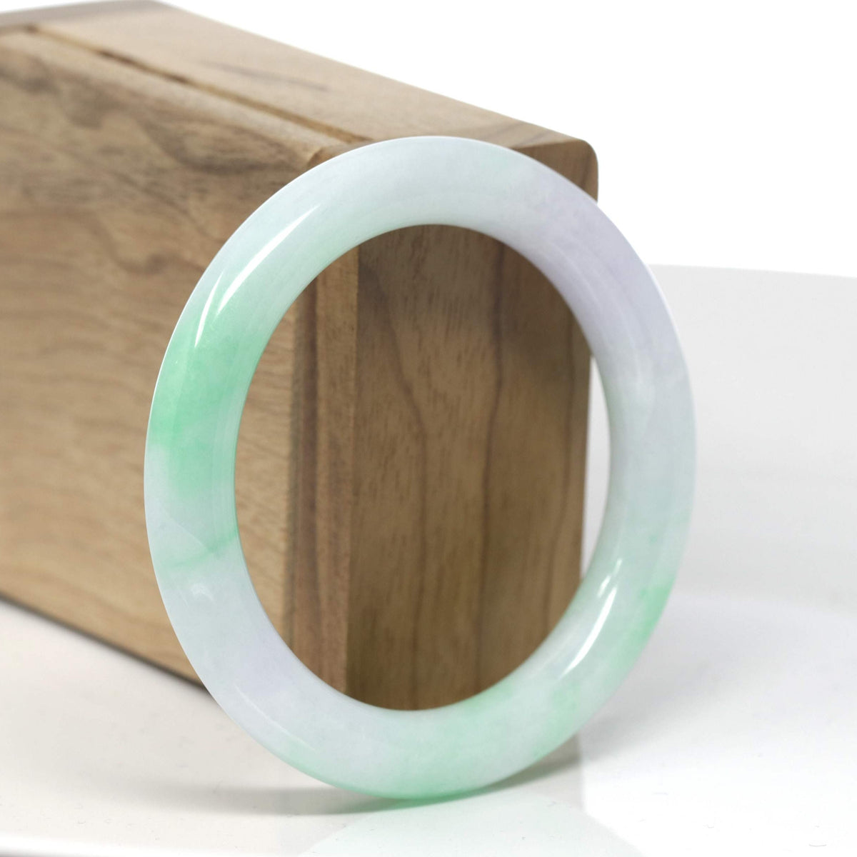 "Moss In Snow" Vibrant Green & White W/ Light Lavender Patch "Traditional Round" Jadeite Jade Bangle Bracelet (53.5mm) #TT344